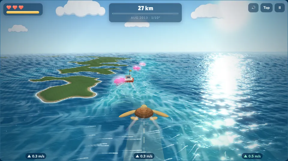 A baby sea turtle swimming along a bright current past green islands, with jellyfish and a boat ahead.